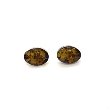 Vintage Sign Sterling Mexico Oval Pressed Dried Flower Resin Oval Stud Earrings - £30.41 GBP
