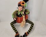 WITCH Halloween BROOM Decor Doll Green Pumpkin Shelf Sitting Mantle - £33.66 GBP