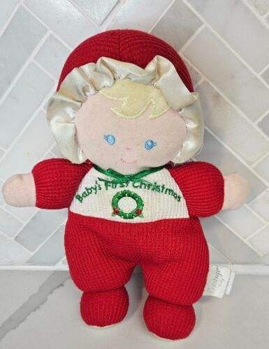 Prestige Baby My First Christmas Red Waffle Knit Blonde Hair Rattle Satin Bonnet - $14.80