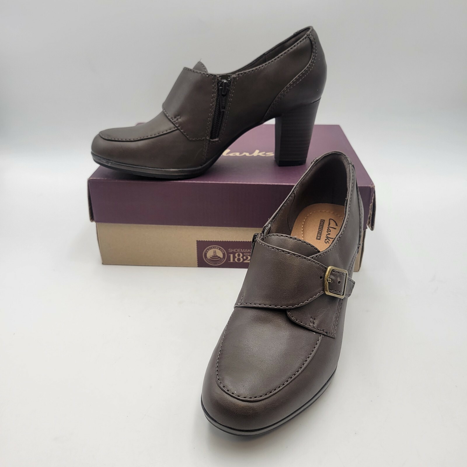 Clarks Collection Size 7.5 W Heeled Booties Slip On Leather Uppers Gray Item image 5
