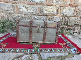 Antique wooden trunk, decorative authentic wooden trunk, early XX century  - $195.00