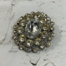 Vintage Ornate Brooch Pin Large  Crystal Rhinestones Silver Toned Oval  - £31.00 GBP