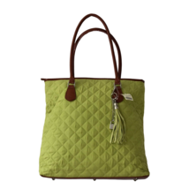 Coldwater Creeek Tote Bag Purse Green Quilted Brown Leather Handles - $54.99