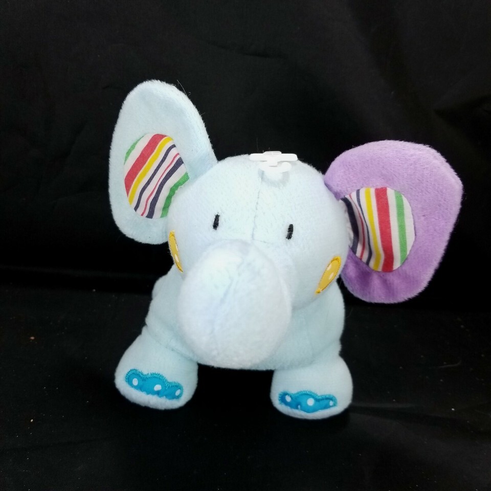 Plush Elephant Rattle Baby Toy Blue 6.5 Inches Tall Soft Multicolored Ears - $12.61