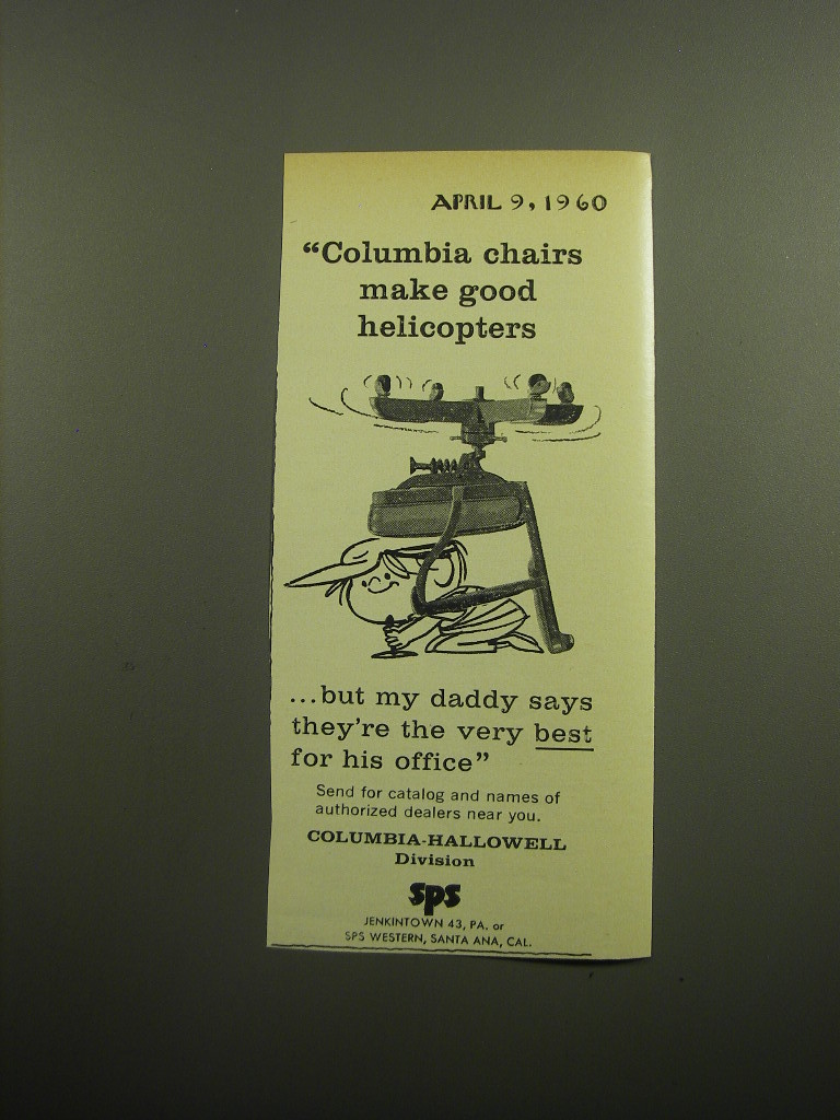 1960 Columbia-Hallowell Chairs Ad - Columbia chairs make good helicopters - $14.99