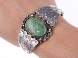 6 3/8&quot; c1940&#39;s Navajo stamped silver and turquoise bracelet - £273.09 GBP