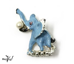 Vintage 1.5&quot; Blue Enamel Elephant Pin w Pearl Accent- Trunk Up for Luck-Hey Viv - £11.16 GBP