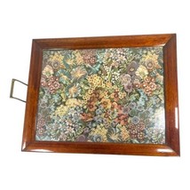 Antique Needlepoint Victorian Glass Floral Serving Tray Brass Handles 23X16 Vtg - £299.87 GBP