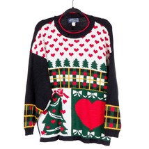 JJ Browne Ugly Christmas Sweater VTG L Tree Heart Plaid Oversize Long Tunic USA - £14.87 GBP