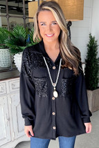 Black Sequin Patch Chest Pocket Corded Shacket - $25.51