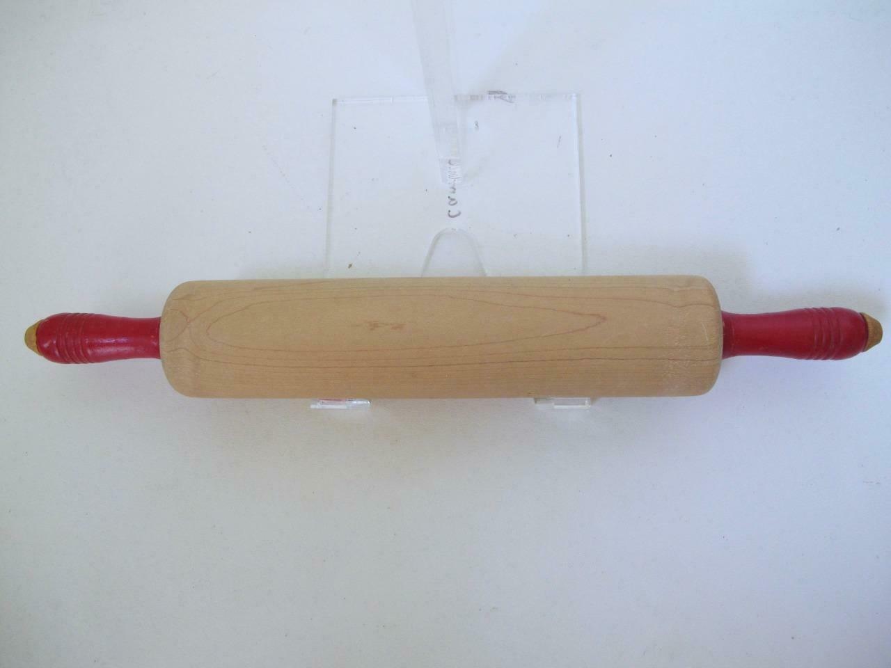 Vtg Maple Wood Rolling Pin with Red Painted  Turned Wood Handles 17" Farmhouse - $19.99