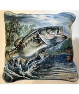 Big Mouth Bass Fish Pillow 16&quot; X 16&quot; Riverdale Tapestry Blue Green Made ... - $41.29 CAD
