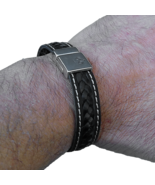 MENZLYFE Handmade Black Braided Leather Bracelet Wide Band Magnetic Clas... - $66.56 CAD