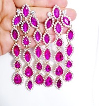Oversized Chandelier Earrings, Rhinestone Dangle Earrings, Hot Pink Drop Pageant - £39.68 GBP