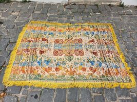 Silk sofa cover, vintage 1960s silk couch cover, yellow tassels bed cover - $85.00
