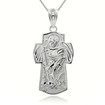 925 Sterling Silver Saint St Michael Archangel Cross Pendant Necklace - £32.92 GBP+