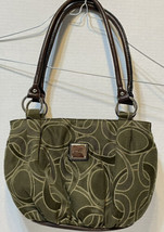 Strada Womens Shoulder Purse Fabric Green Gold Bucket Double Straps 10 x 8 x 3&quot; - £12.97 GBP