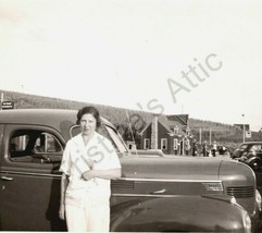 1939 Dodge 4-Door Car Woman Portrait Front of Mobile Gas Station BW Photograph - £19.57 GBP