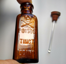 Antique Poison Bottle Amber Brown Glass Dauber Skull Bones TINCT Iodine K7 Base - £37.94 GBP