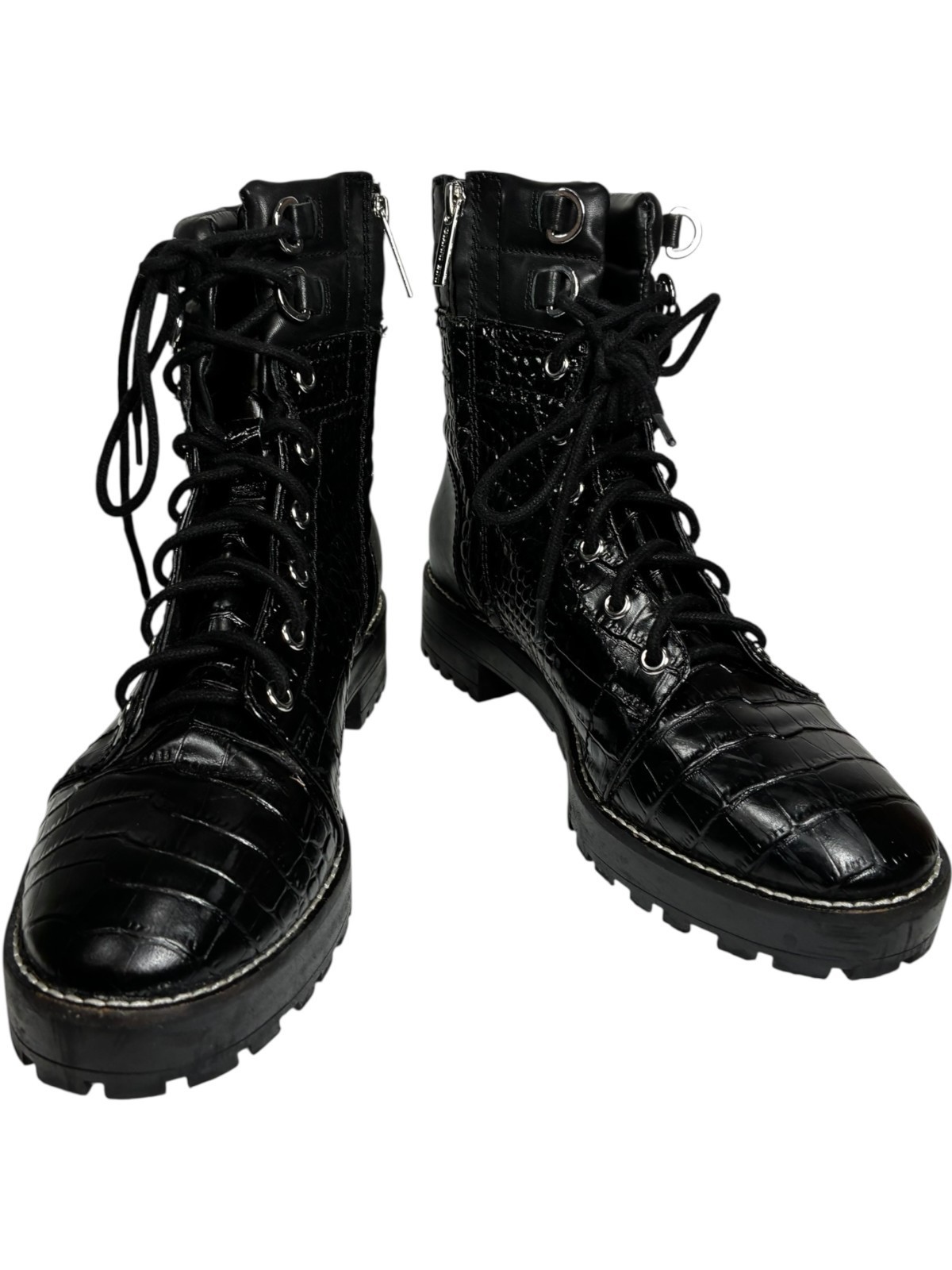 Gianni Bini women's Croc Embossed Black Leather Zip Lace-up Combat Boots size 8M Item image 4