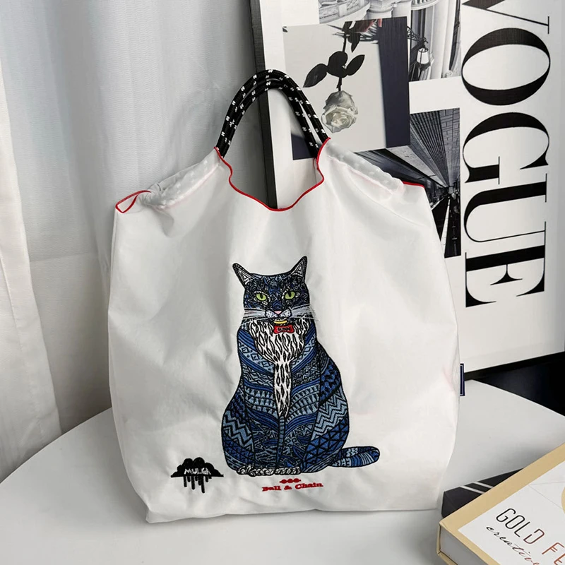 Ball Chain White Cat Embroidery Shopping Bag Cartoon Nylon Environmental Bag - £13.44 GBP+