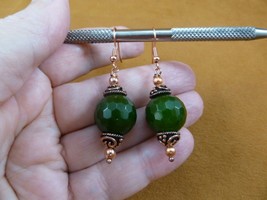 (ee406-1) round faceted 16mm green Jade gemstone + copper swirl dangle earrings - £18.67 GBP