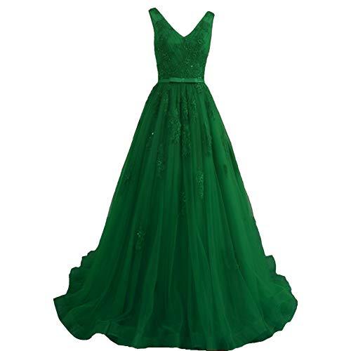Plus Size Tulle V Neck Beaded Lace Evening Gown Prom Dress Emerald Green US 22W