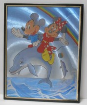Disney Vtg Mickey &amp; Minnie Mouse Foil Art Print Dolphins Rainbow Framed Picture - £27.42 GBP