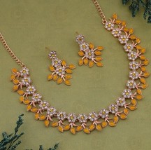 Bollywood Style Indian CZ Yellow Choker Necklace Earrings Delicate Jewelry Set - £15.14 GBP