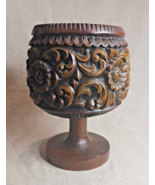 Large Dark Wood, Hand Carved, Floral Design Goblet Planter / Vase - $139.45