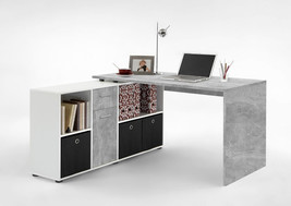 Corner Desk with Drawers - Luiz Desk Concrete Grey and White - £290.39 GBP