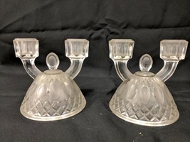 Lot Of 2 Vintage Pressed Glass Candlestick Holders Candelabra Coin Dot Diamond - £23.80 GBP