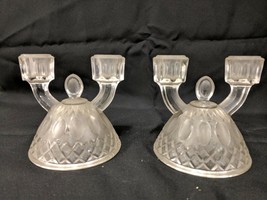 LOT OF 2 VINTAGE PRESSED GLASS CANDLESTICK HOLDERS CANDELABRA COIN DOT D... - £23.25 GBP