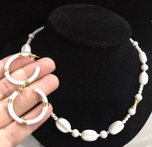 Vintage Set White Lucite Necklace 17” And Metal  Hoop Earrings - £31.97 GBP