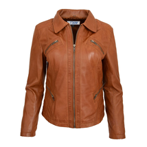 DR223 Women&#39;s Classic Leather Biker Zip Box Jacket Tan - £118.94 GBP