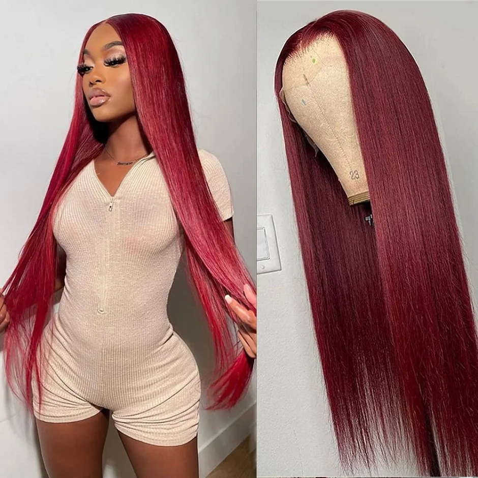 Red Burgundy 99J Straight Wig 13x4 HD Lace Front Human Hair Wigs Brazili - £67.06 GBP+