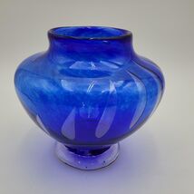Cobalt Blue Studio Art Glass Controlled Swirl Bubbles Round 6" Vase Signed - $14.83