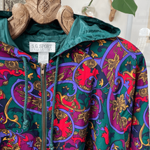 Vintage 90s SG Sport Bold Colorful Filagree Hooded Satin Windbreaker Jac... - $508.89 MXN