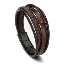 Stainless Steel Magnetic Clasp Multi Layer Braided Leather Bracelet for Men - £10.38 GBP