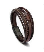 Stainless Steel Magnetic Clasp Multi Layer Braided Leather Bracelet for Men - £10.35 GBP