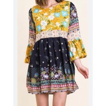 Umgee Navy Gold Mixed Print Boho Peasant Dress Small - $42.08