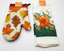 Kitchen Oven Mit &amp; Dish Towel w/ Pumkims Set Fall Autumn Leaves New - $10.99