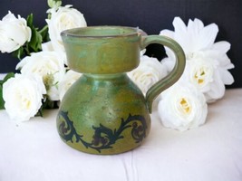 Italian Art Pottery Etched Scroll Chartreuse Stoneware Mini Pitcher Vintage - £17.64 GBP
