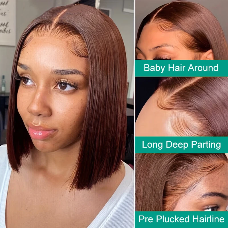 Light Brown Lace Front Short Bob Wigs Pre Plucked 8-14 Inch Bone Straight 13 - £39.93 GBP+