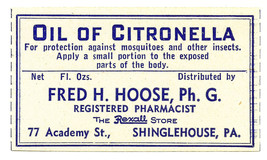 Vintage Pharmacy Label OIL OF CITRONELLA Rexall Store Fred Hoose Shingle... - £23.12 GBP