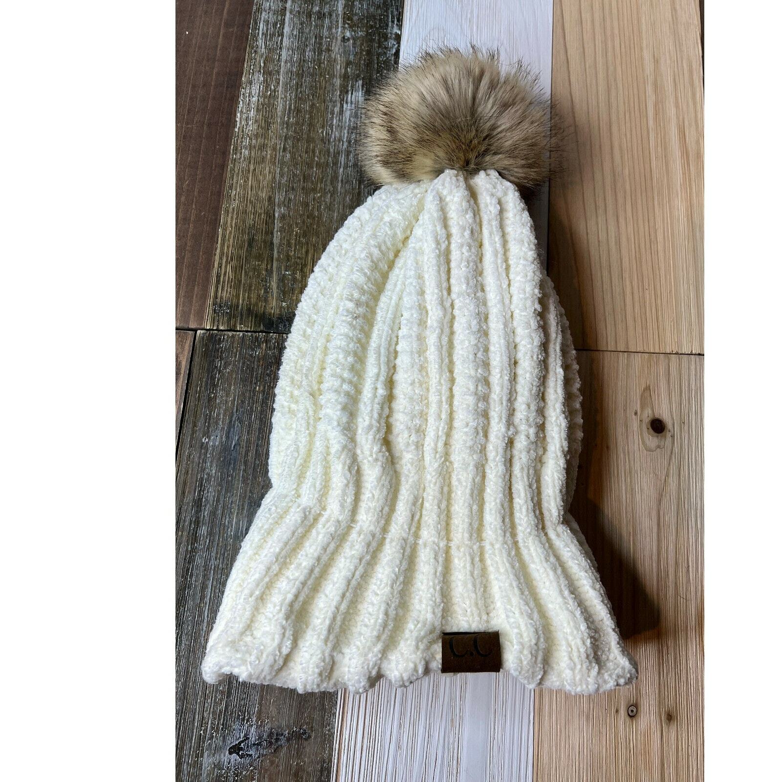 CC Hat Beanie Winter Snow Pom White Cream Ivory Chunkie Warm Stretch One... - $5.90