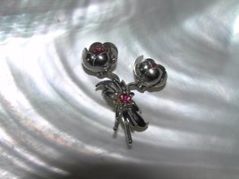 Vintage Small Silvertone Cupped Double Flower with Pink Rhinestones Pin Brooch – - £6.73 GBP