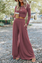 Solid Color Ribbed Crop Top Long Pants Set - £38.53 GBP