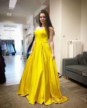 Sweetheart A-line Yellow Satin Women Evening Dress Long Prom Dress - £126.71 GBP