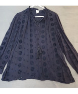 Chicos Embroidered Novelty Blouse Eyelet Top Classic Navy Blue Size 1 M ... - $29.78 CAD
